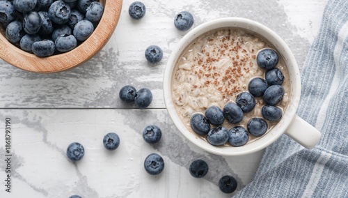 Healthy Breakfast Featuring Oatmeal With Blueberries on a Wooden Table