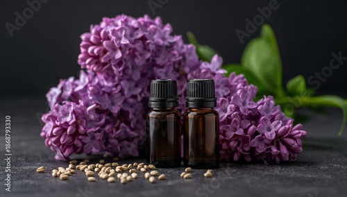 Lilac Flowers and Essential Oil Bottles on Dark Surface With Seeds Nearby
