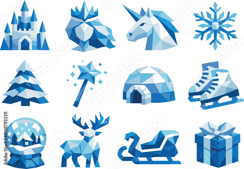 Winter Fairy Tale Icons. Stylized low-poly winter fairy tale icons designed with sharp angular polygons and faceted