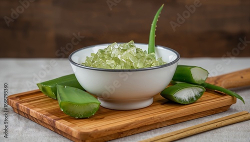 Health Benefits of Aloe Vera Gel in a Bowl With Fresh Leaves on a Wooden Board