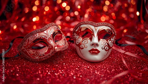 Masks Sit on a Red Table With Sparkles and Lights at a Festive Celebration
