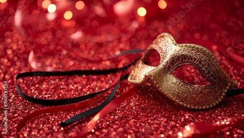 Masks Lay on Red Glitter Background for Celebration or Party Event in Evening...