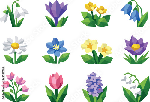 Spring Flowers Icons. ow-poly vector icon set of first spring flowers emerging after winter, rendered in sharp geometric polygonal