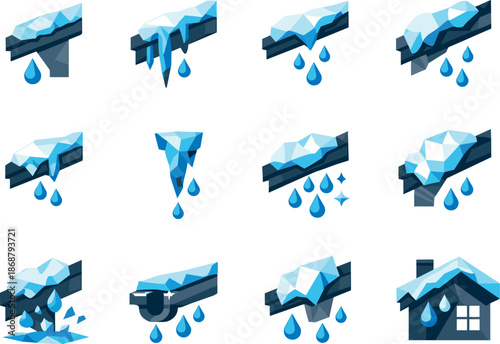 Roof Drip Icons. Professional low-poly vector icon collection representing roof drip and melting snow runoff using crisp polygon