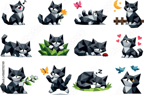 March Cat Icons. Geometric low-poly vector icons depicting a March cat with springtime character, curiosity, and expressive poses