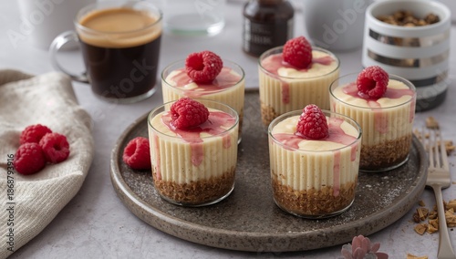 Delicious Mini Cheesecakes With Raspberry Topping and Coffee on a Table