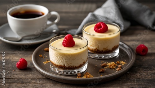 Dessert Display With Raspberry Cheesecake, Coffee, and Fresh Raspberries on a...