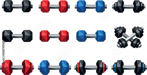 Low-Poly Dumbbell Icons. Stylized low-poly home dumbbell icons designed with sharp angular polygons and faceted