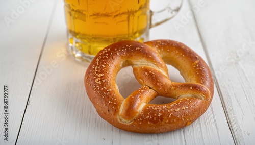 Enjoying Beer and Pretzel on a Wooden Table During a Casual Gathering