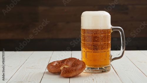 Beer in a Glass Next to a Pretzel on a Wooden Table in a Casual Setting Durin...