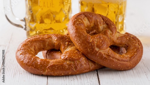 Beer in a Glass Next to a Pretzel on a Wooden Table in a Casual Setting Durin...