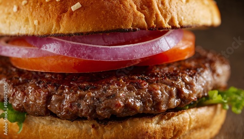 Juicy Burger With Toppings Served on Soft Bun in Restaurant Setting at Lunchtime