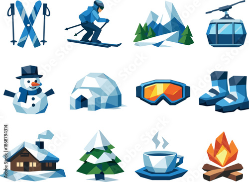 Winter Ski Icon Set. Winter skiing stroll and outdoor leisure illustrated through a cohesive low-poly vector icon set built from
