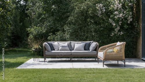 Outdoor Seating Area With a Sofa and Chair in a Garden Setting During Dayligh...