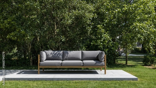 Modern Sofa Sits on Stone Patio Surrounded by Greenery in Bright Daylight Out...