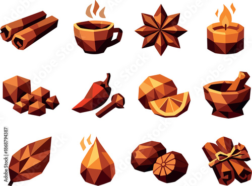 Cinnamon Icon Set. Low-poly vector icon set for cinnamon scent and warm spicy aroma, featuring angular polygonal geometry, sharp