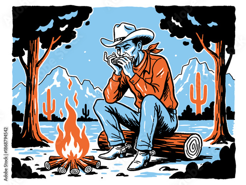 Western Cowboy Playing Harmonica by Campfire | Retro Desert Illustration with Mountains, Cacti, and Vintage Screen Print Style