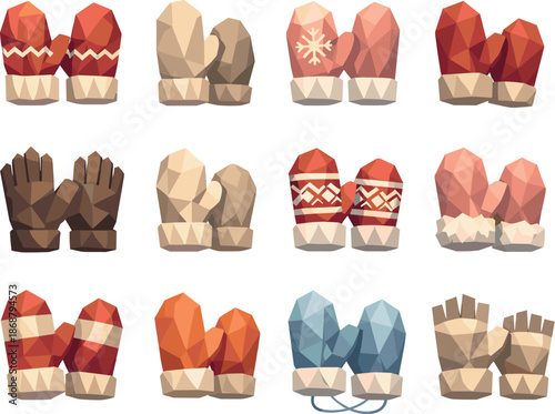 Low-Poly Mittens Icons. Warm knitted mittens and winter hand protection illustrated as a cohesive low-poly vector icon set built