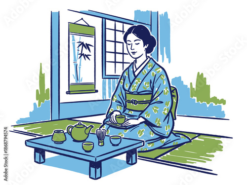 Traditional Japanese Tea Ceremony (Sado) Illustration. Woman in Kimono with Matcha Set in a Zen Interior.