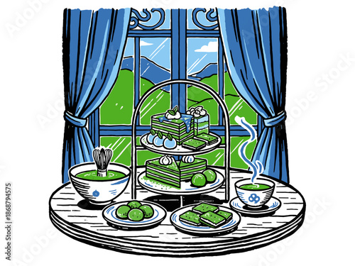 Cozy Matcha Afternoon Tea Setup Illustration: Green Tea Cakes & Desserts on Tiered Stand by Window with Scenic Mountain View.