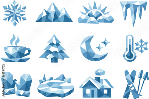 Frosty Morning Icon Set. Winter frost and early morning chill visualized as a cohesive low-poly vector icon set built from angular