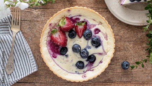 Delicious Cream Pie With Fruits on Wooden Table During Daylight