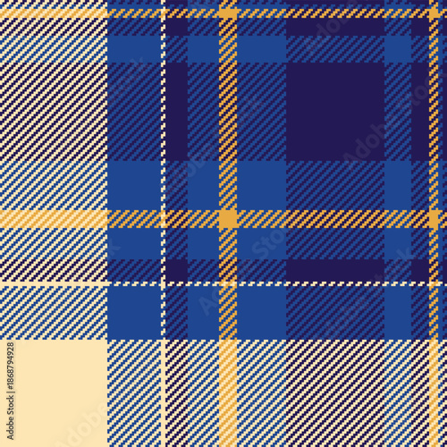 Classic tartan pattern with blue, gold, and cream hues. Rich texture evokes tradition  warmth. Ideal for fashion, home decor  backgrounds.
