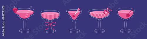 Big set of pink outline cocktails with Valentine's garnish. Vector illustration of romantic drinks in crystal glasses. Cute drinks with strawberry, ribbon bow, cherry and cupid arrow