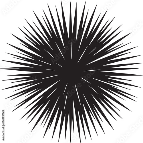 A black spiky circular shape with sharp lines radiating outward on a plain white background illustration