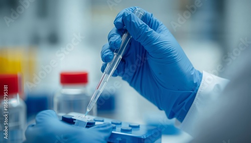 Lab Technician in Blue Gloves Conducts Test With Dropper and Sample Container