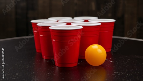 Red Cups and Balls on a Wooden Table in a Casual Game Setting During a Gathering