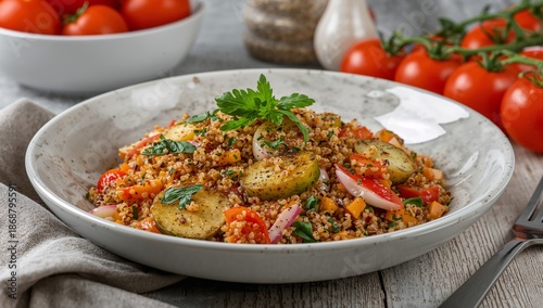 Fresh Vegetable Salad With Couscous Served in a Bowl on a Wooden Table