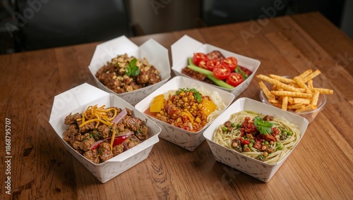 Variety of Food Served in Containers on Wooden Table for Group Meal