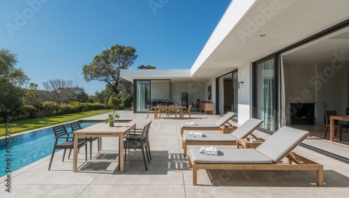 Modern House With Pool and Outdoor Dining Area in Sunny Location
