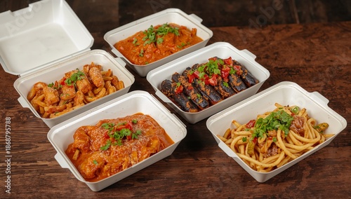 Variety of Food Served in Containers on Wooden Table for Group Meal