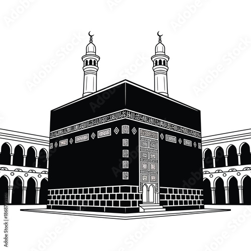 A striking black and white illustration of the kaaba with surrounding structures