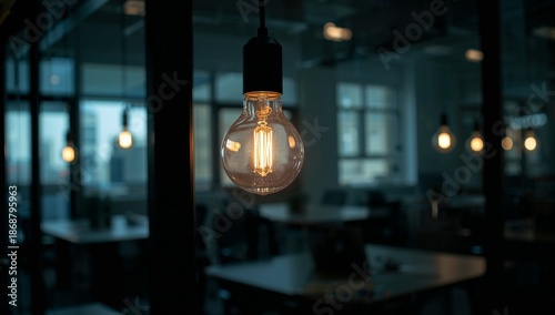 Light Bulb Hanging in Office Space During Working Hours With Desks and Chairs...