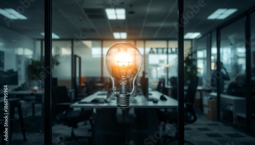 Light Bulb Hanging in Office Space During Working Hours With Desks and Chairs...