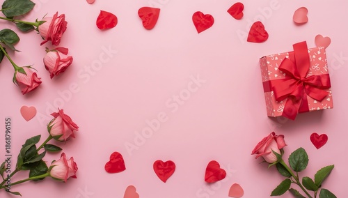 Roses and Gift Box on Pink Background With Hearts During Celebration for Love...