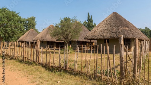 Traditional Huts in a Rural Setting With Wooden Fence During Daylight Hours