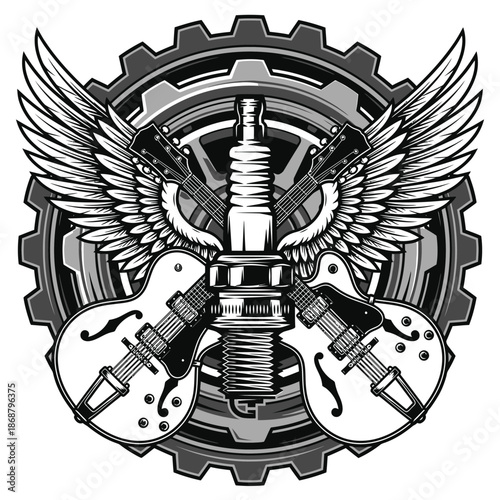 Mechanical wings and guitars surrounding a spark plug in grayscale