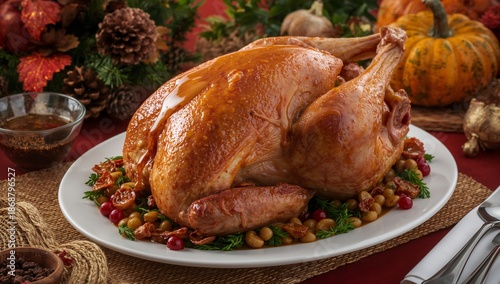 Turkey on a Plate With Garnishes During a Festive Meal in Autumn Season