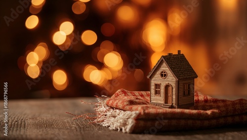 Miniature Wooden House Sits on Cloth With Lights in Background During Festive...