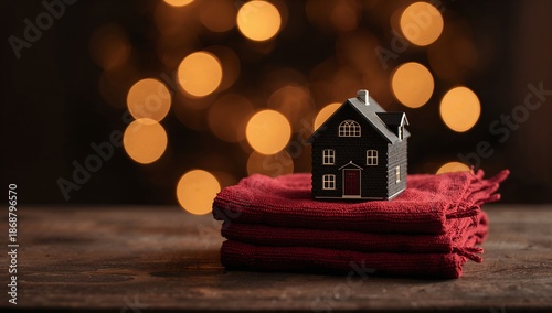 Miniature Wooden House Sits on Cloth With Lights in Background During Festive...