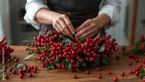 Creating a Floral Arrangement With Red Berries and Green Leaves on a Wooden T...