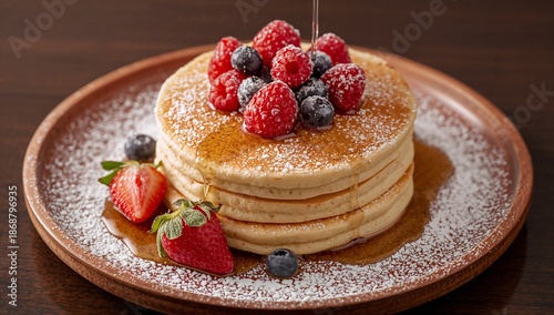 Delicious Stack of Pancakes Topped With Fresh Berries and Syrup Served on a W...