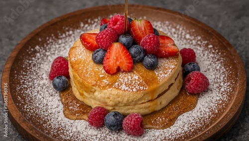 Delicious Stack of Pancakes Topped With Fresh Berries and Syrup Served on a W...