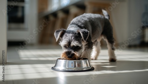 Dog Eating From Bowl in Sunlit Kitchen During Morning Hours