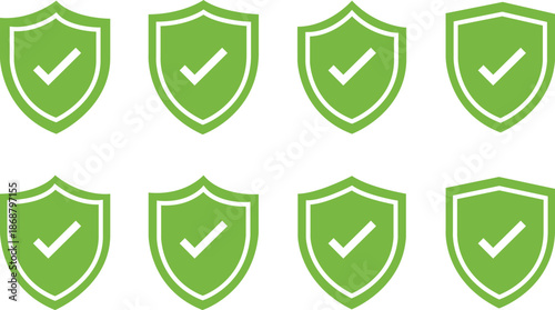 Shield security icons collection, protection and privacy symbols with check mark and lock for cybersecurity safety design applications interfaces branding