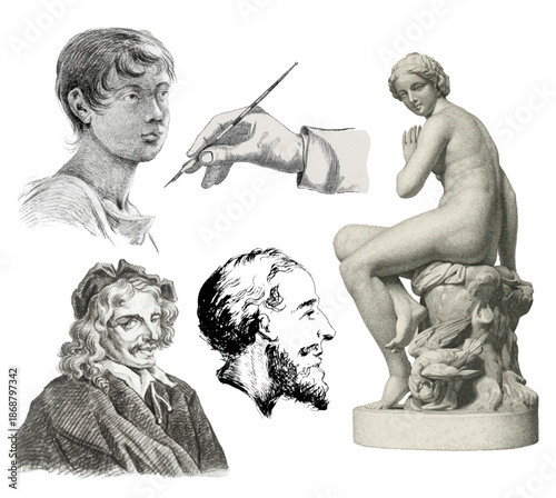 Vintage artistic drawing of a vector set of human figures, busts, statues, writing hands, painting style